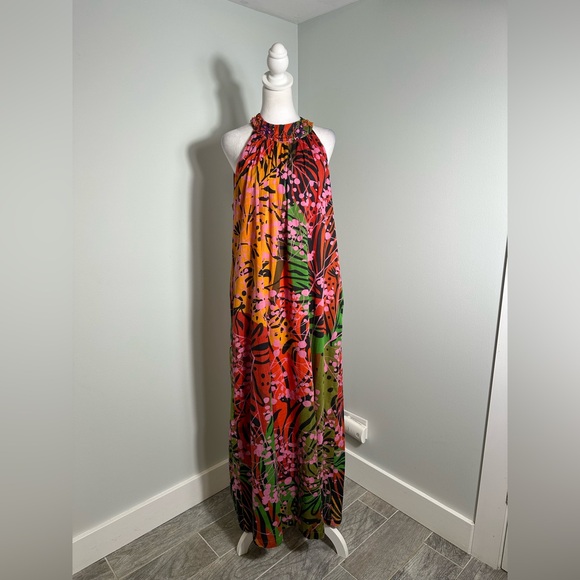 Roopa Pemmaraju X Anthropologie Floral Maxi Halter Beaded Colorful Dress Size XL - Picture 3 of 17